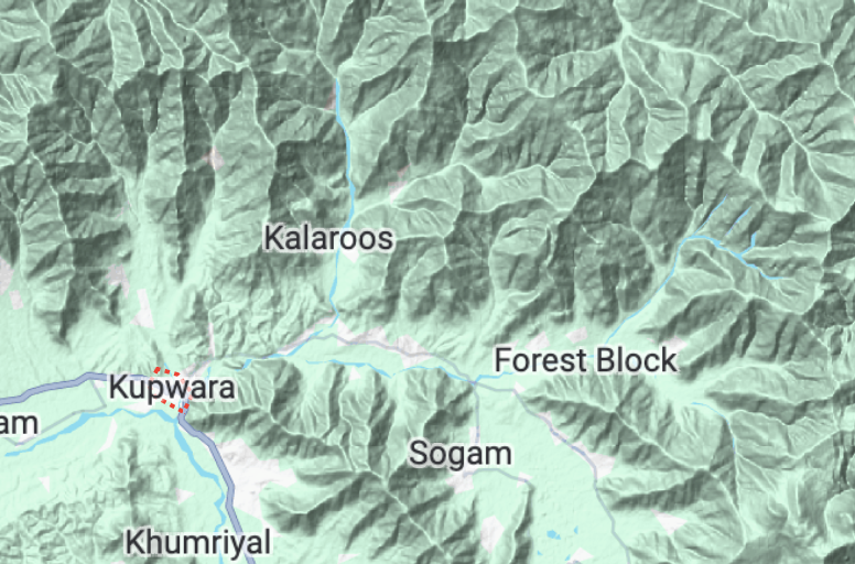 Google map screen shot showing whee Kupwara and surrounding locations. 