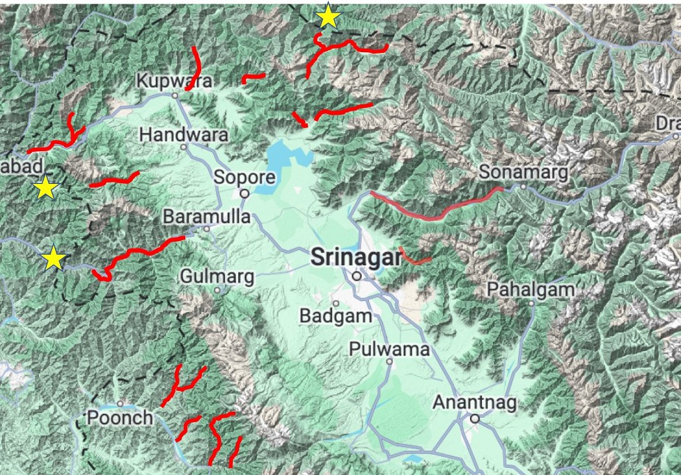 Terrain map from Google Maps showing Srinagar in the center and river valleys on either side where one can search for Yellow-rumped Honeyguide and Apis laboriosa