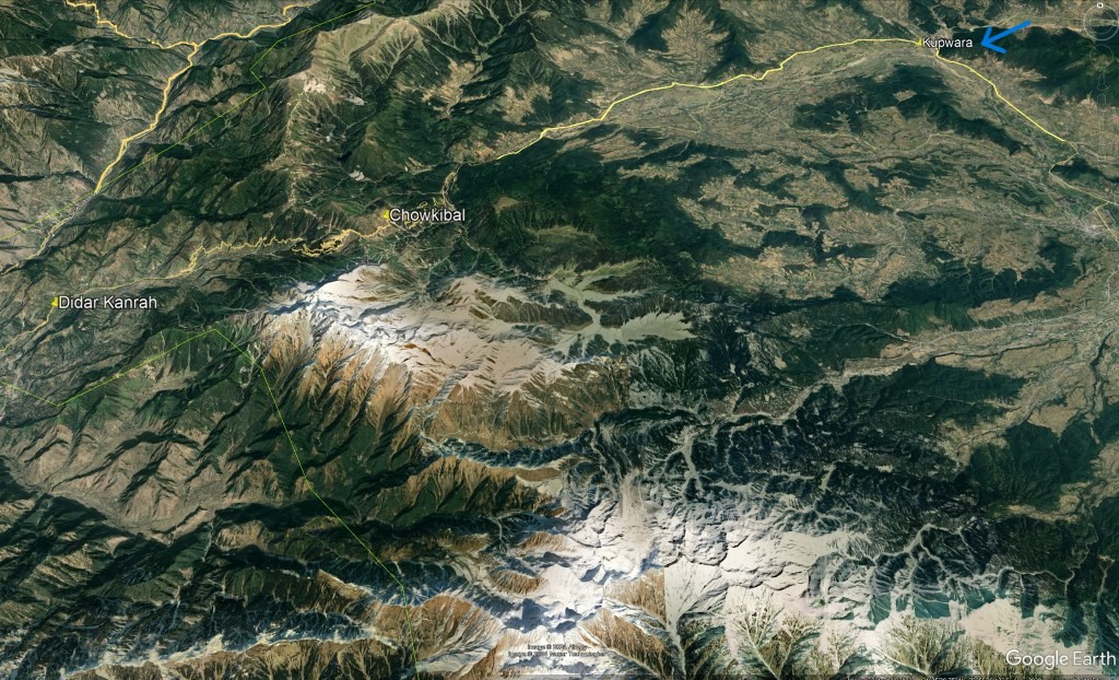 Satellite image from Google Earth showing mountains and valley terrain in Kupwara