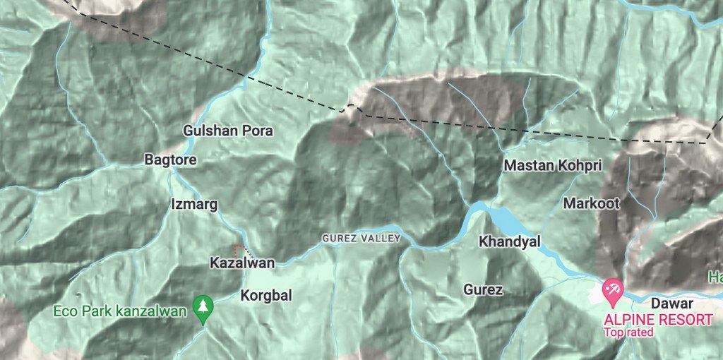 Google map screenshot showing river valleys on the western side of Pirpanjal such as Gurez Valley. The dotted line is roughly the location of Line of Control (LoC)