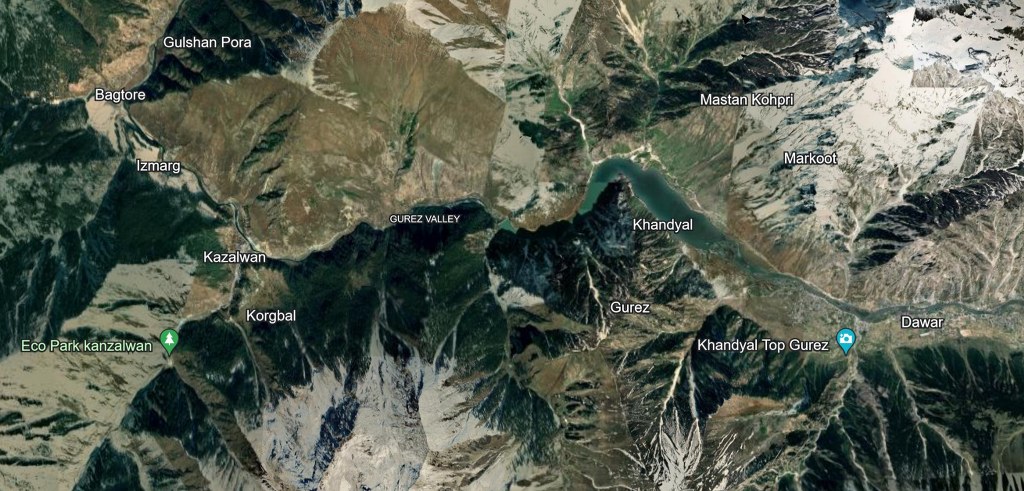Fig. 8b Google earth satelitte view showing mountains and river valleys on the western side of Pirpanjal such as Gurez Valley. Accessed: April 2024.