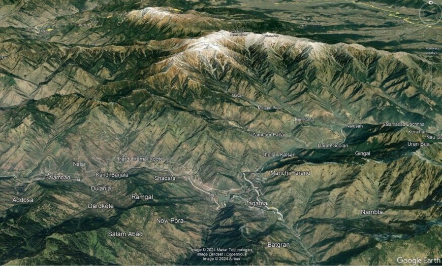 Google Earth satellite view showing the mountains and valleys west of Baramulla. Accessed: April 2024