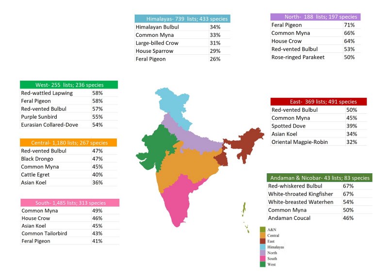 Map of India arbitarily divided in to 7 regions- Himalayas, North, East, Andaman and Nicobar Islands, South, Central and West. This map depicts the top 5 most common species reported in each regions