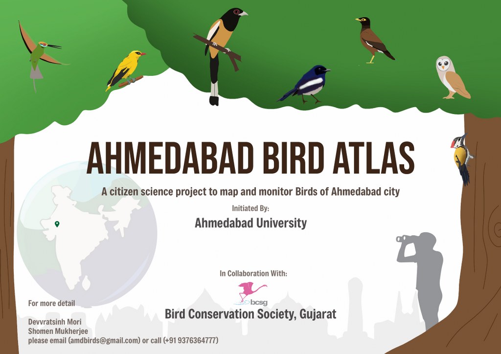 Poster advertising Ahmedabad City Bird Atlas starting on 1 Dec 2024 in Ahmedabad. Gujarat