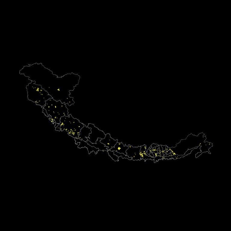 A map of the Himalayan region showing the distribution of birdwatching checklists submitted during the Himalayan Bird Count. Each checklist is represented by a translucent circle, with overlapping circles indicating multiple checklists from a specific location