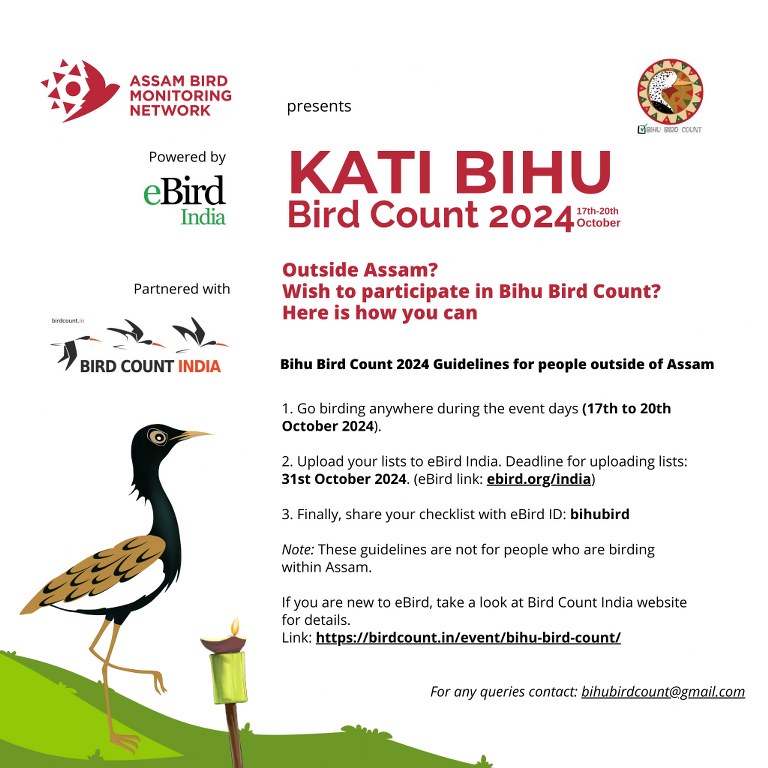 A poster that has text in english for birders outside Assam on how to participate in Kati Bihu Bird Count 2024 - a regional birding event in Assam. The event starts from October 17 to October 20 2024