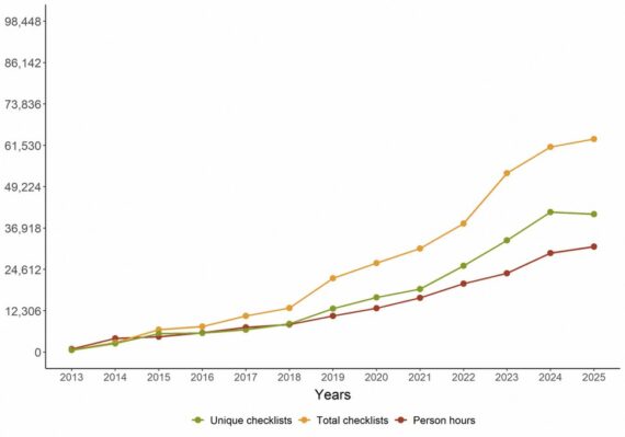 Line graph showing trends in GBBC data from 2013 to 2025, tracking unique checklists, total checklists, and person hours. The graph shows a steady increase in all three metrics, with a sharp rise after 2021.