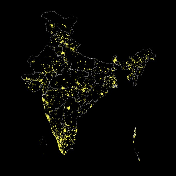 Map of India with yellow dots indicating locations where birding checklists were submitted during GBBC. Densely clustered yellow regions represent areas with higher participation.
