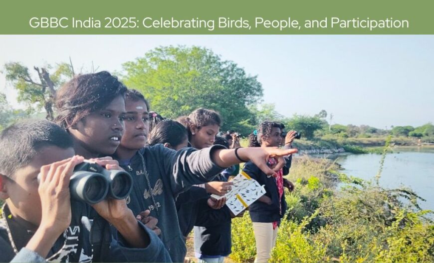 Students from Payir Nursery and Primary School excitedly observing birds at Thenur Lake, Perambalur, using binoculars and field guides.