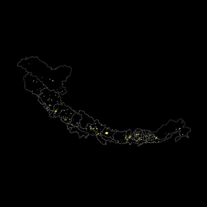 Map showing locations of eBird checklists uploaded from the Himalayan regions of India, Nepal, and Bhutan during the Himalayan Bird Count 2025. Yellow points represent checklist locations across the mountain belt.