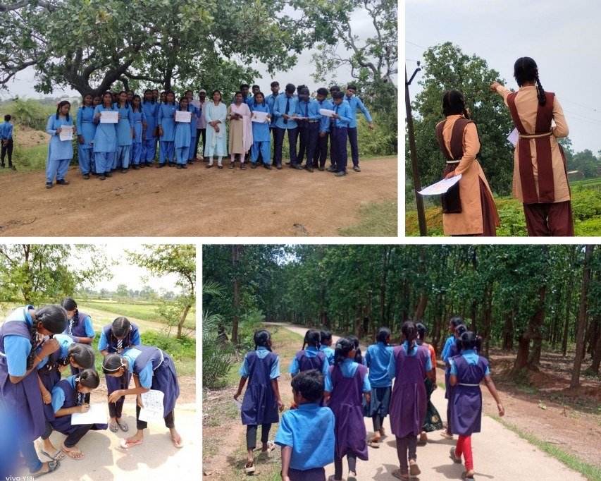 Collage of school students participating in the Hareli Bird Count 2025 through birdwatching, classroom sessions, and outdoor activities.