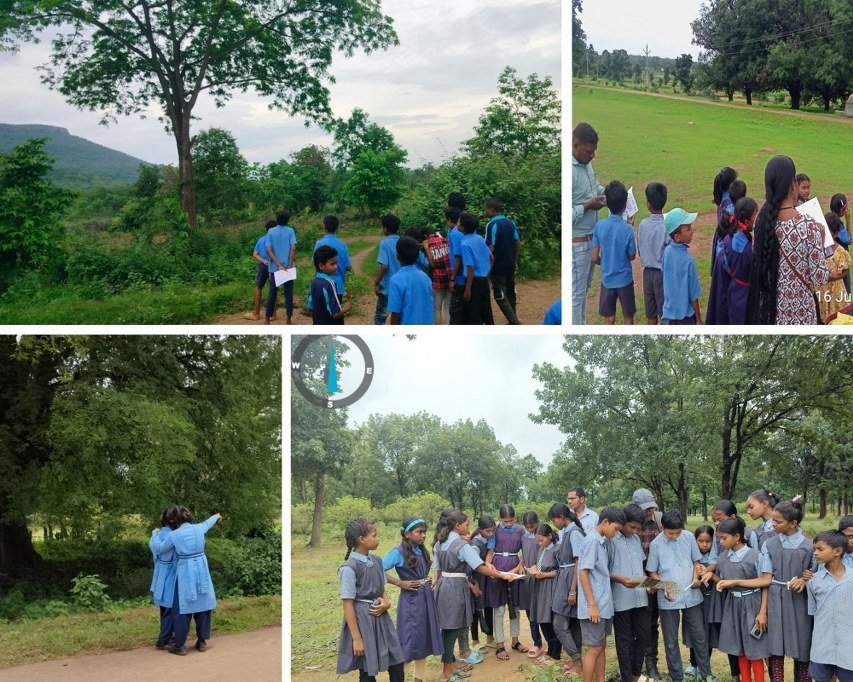 Collage of school children participating in outdoor birdwatching activities during the Hareli Bird Count 2025.